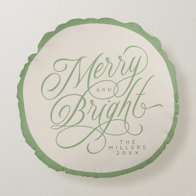 Elegant Merry and Bright script holiday custom Round Pillow (Front)