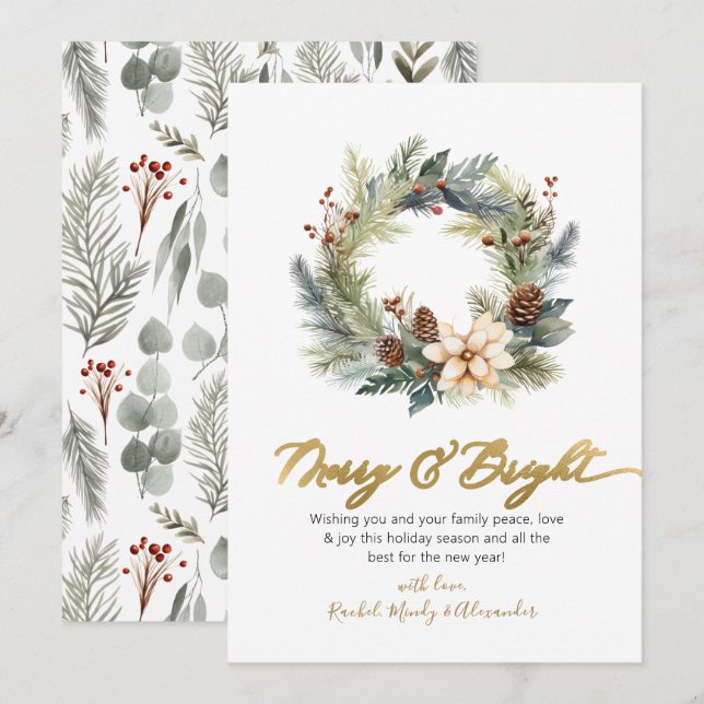 Elegant Merry and Bright Script Wreath Christmas Holiday Card (Front/Back)