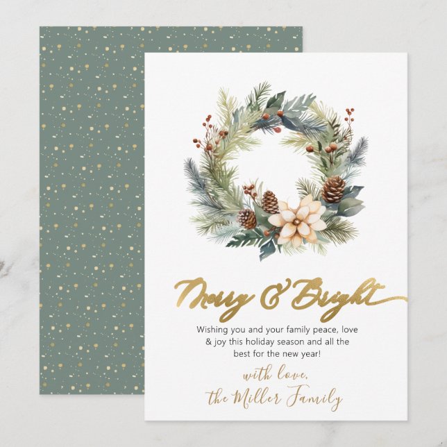 Elegant Merry and Bright Script Wreath Greenery Holiday Card (Front/Back)