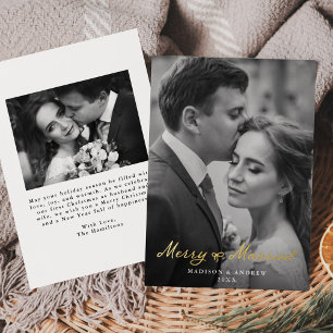 Elegant Merry and Married Bow Newlywed Photo Foil Holiday Card