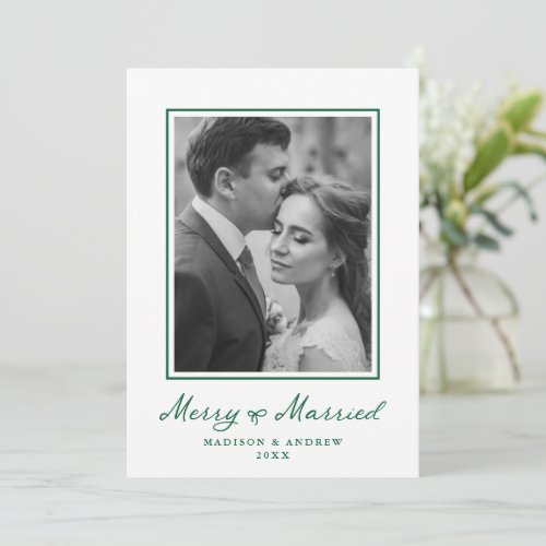 Elegant Merry and Married Green Bow Newlywed Photo Holiday Card
