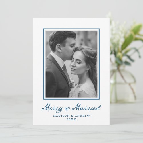 Elegant Merry and Married Navy Bow Newlywed Photo Holiday Card