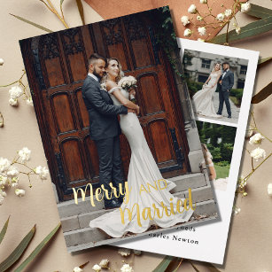 Elegant Merry And Married Newlywed Photo Christmas Foil Holiday Card