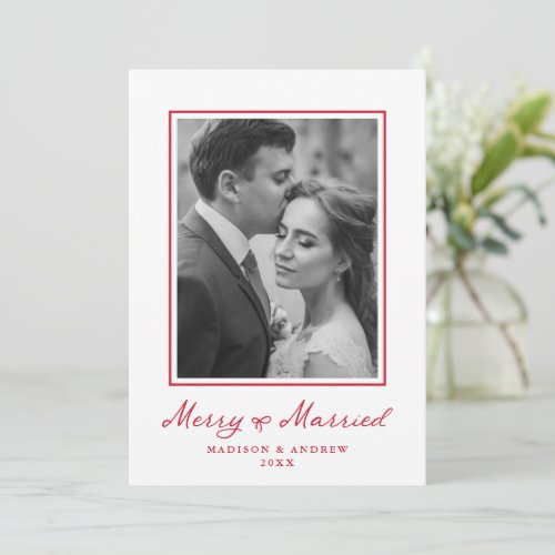 Elegant Merry and Married Red Bow Newlywed Photo Holiday Card