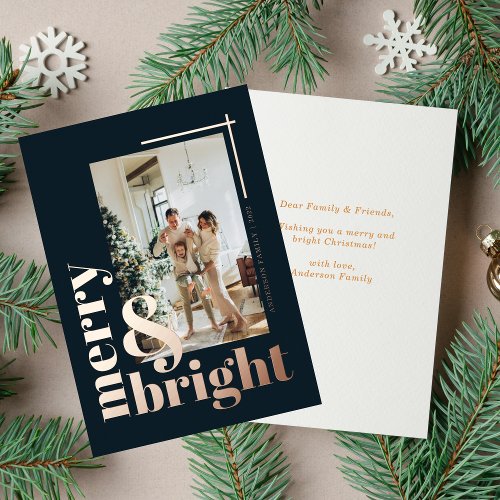 Elegant Merry  Bright Black Christmas Rose Gold  Foil Holiday Card