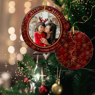 Elegant Merry & Bright Photo Red Gold Ceramic Ornament