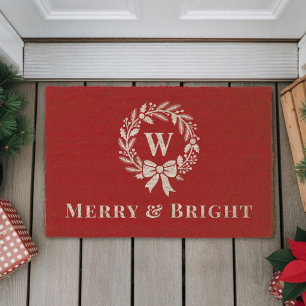 Elegant Merry Bright Red Monogram Christmas Fiber Doormat