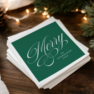 Elegant Merry Calligraphy Script Green Christmas Napkins