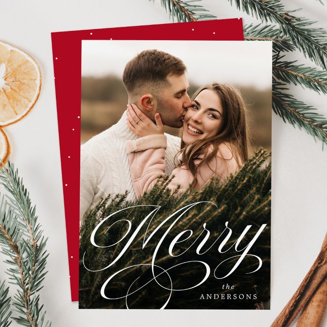 Elegant Merry Calligraphy Script Photo Holiday Card (Creator Uploaded)