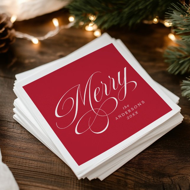 Elegant Merry Calligraphy Script Red Christmas Napkins (Creator Uploaded)