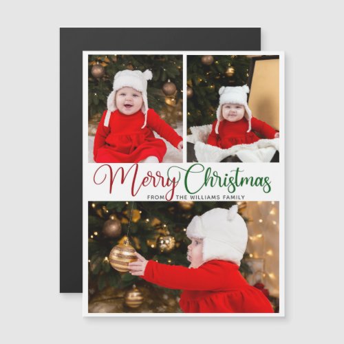 Elegant Merry Christmas 3 Photo Cute Magnet Card