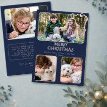 Elegant Merry Christmas 4 Photo Bow Navy Rose Gold