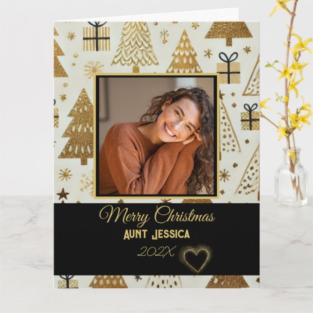 Elegant Merry Christmas Aunt Black and Gold Photo  Card (Yellow Flower)