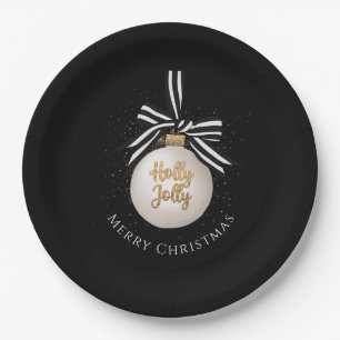 Elegant Merry Christmas Bauble Black Paper Plates