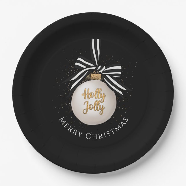 Elegant Merry Christmas Bauble Black  Paper Plates (Front)