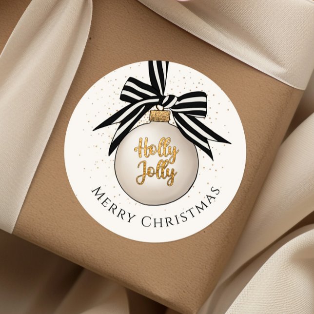 Elegant Merry Christmas Bauble  Classic Round Sticker (Merry Christmas Bauble White Black Classic Round Sticker)