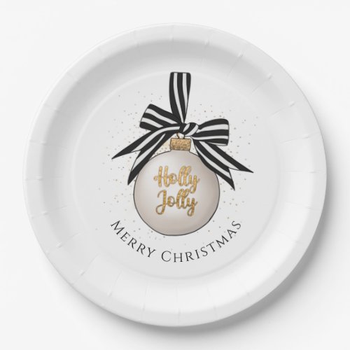 Elegant Merry Christmas Bauble White Black  Paper Plates