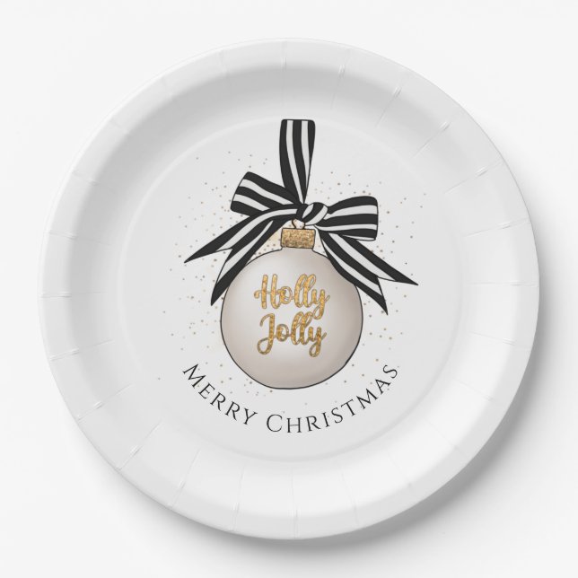 Elegant Merry Christmas Bauble White Black  Paper Plates (Front)