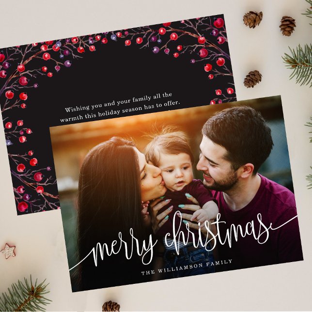 Elegant Merry Christmas Berries Back Photo White Holiday Card (Creator Uploaded)