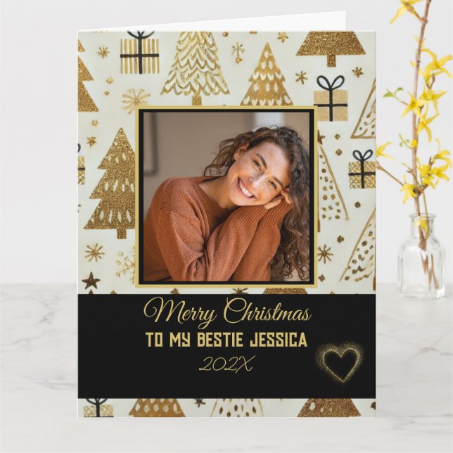 Elegant Merry Christmas Bestie Black and Gold  Card (Yellow Flower)