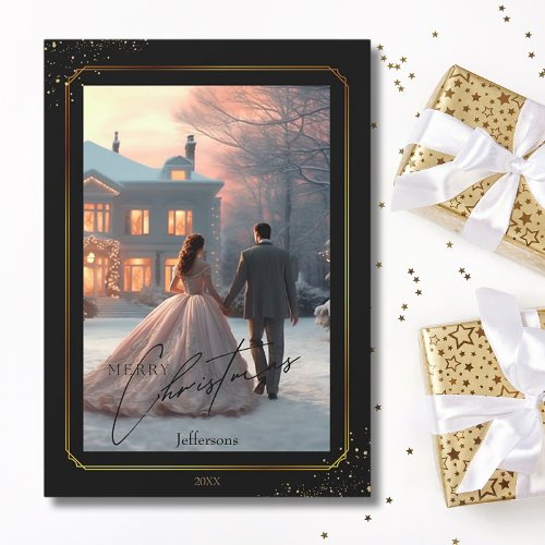 Elegant Merry Christmas Black Gold Couple Photo  Holiday Card