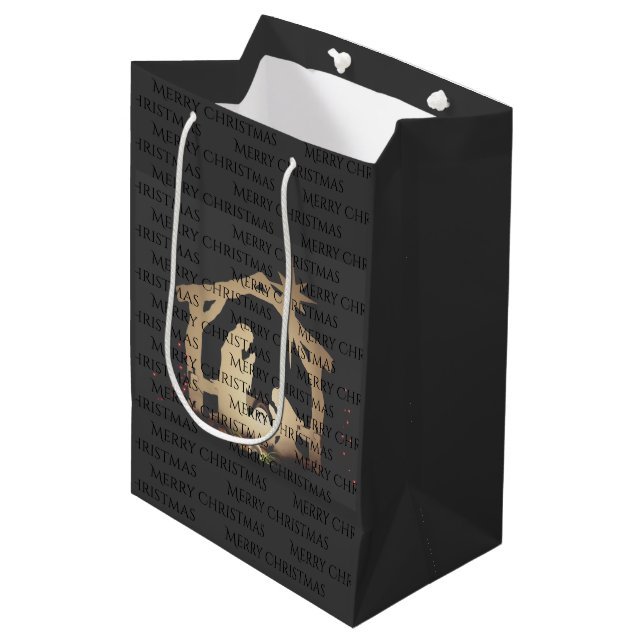 Elegant Merry Christmas Black Gold Nativity Medium Gift Bag (Front Angled)