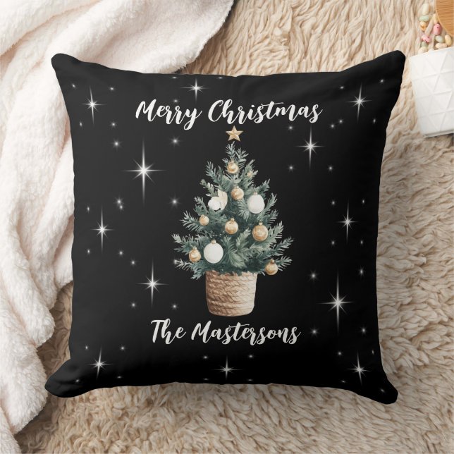 Elegant Merry Christmas Black with White Stars  Throw Pillow (Blanket)