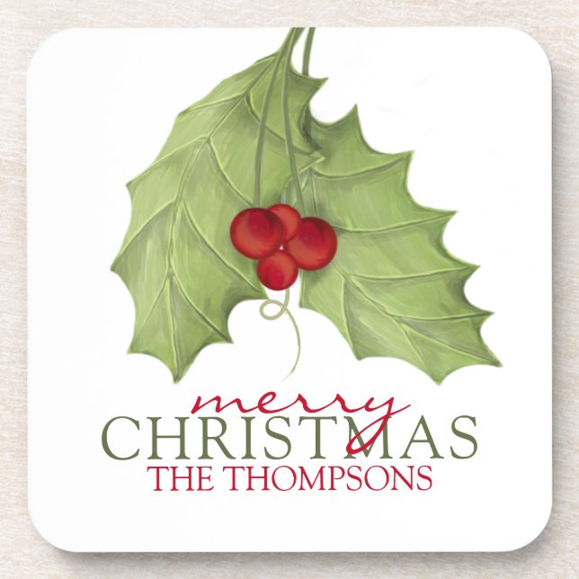 Elegant Merry Christmas Botanical Country Name Beverage Coaster (Front)