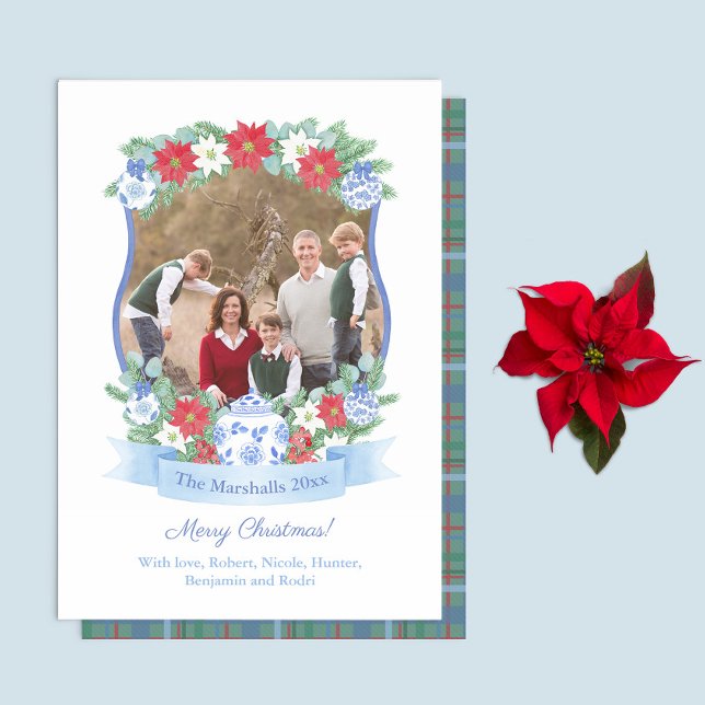 Elegant Merry Christmas Botanical Frame Picture Holiday Card (Botanical Photo Frame in blue white and red holidays card with tartan reverse)