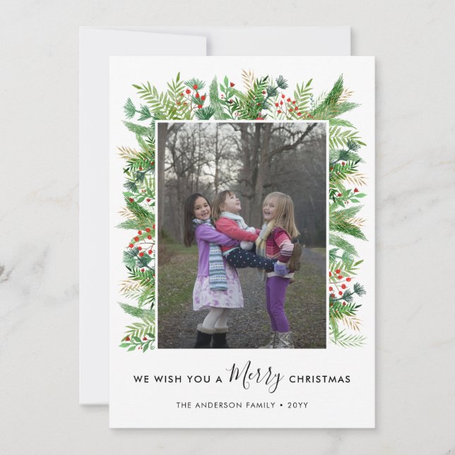 Elegant Merry Christmas Branches Berries 2 Photo Holiday Card (Front)