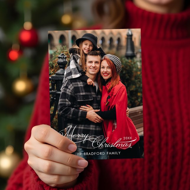 Elegant Merry Christmas Calligraphy 1-Photo Holiday Card (Creator Uploaded)