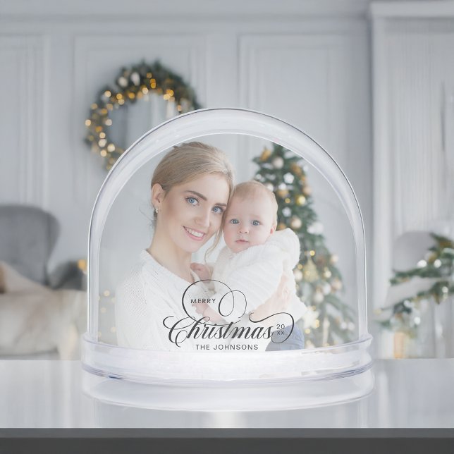 Elegant Merry Christmas Calligraphy 1-Photo Snow Globe (Creator Uploaded)