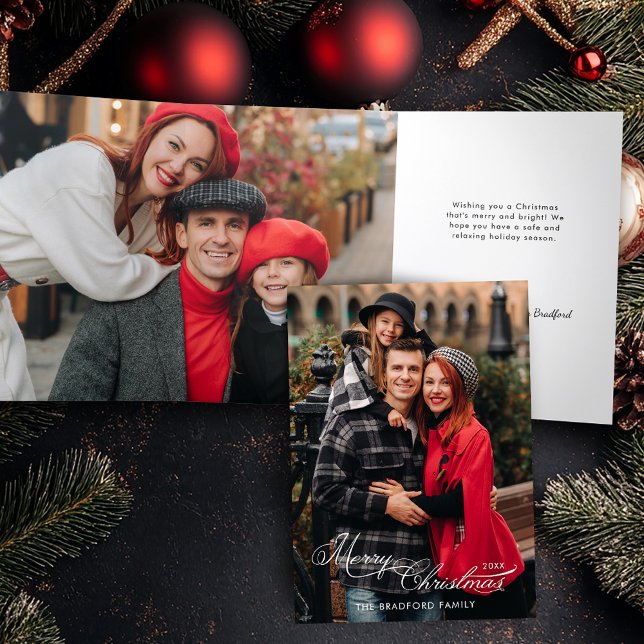 Elegant Merry Christmas Calligraphy 1-Photo Tri-Fold Card (Creator Uploaded)