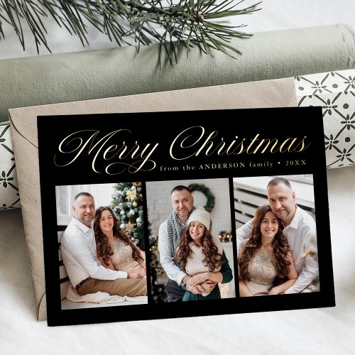 Elegant Merry Christmas Calligraphy Black 3 Photo Foil Holiday Card