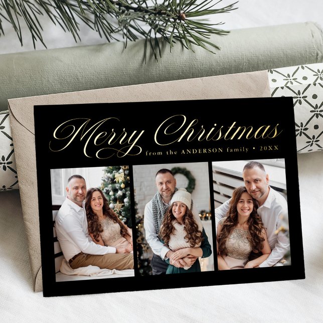Elegant Merry Christmas Calligraphy Black 3 Photo Foil Holiday Card (Creator Uploaded)