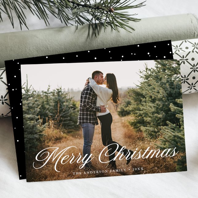 Elegant Merry Christmas Calligraphy Black Photo Holiday Card (Creator Uploaded)
