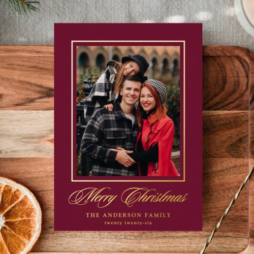 Elegant Merry Christmas Calligraphy Burgundy Photo Foil Holiday Card