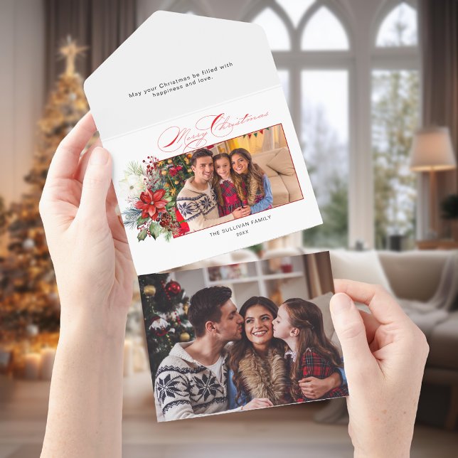 Elegant Merry Christmas Calligraphy Floral Photo All In One Invitation (Creator Uploaded)