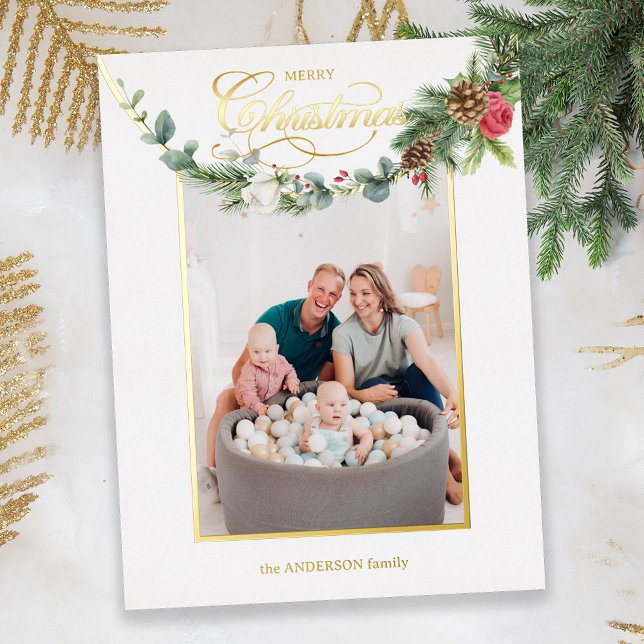 Elegant Merry Christmas Calligraphy Floral Photo Foil Holiday Card (Creator Uploaded)