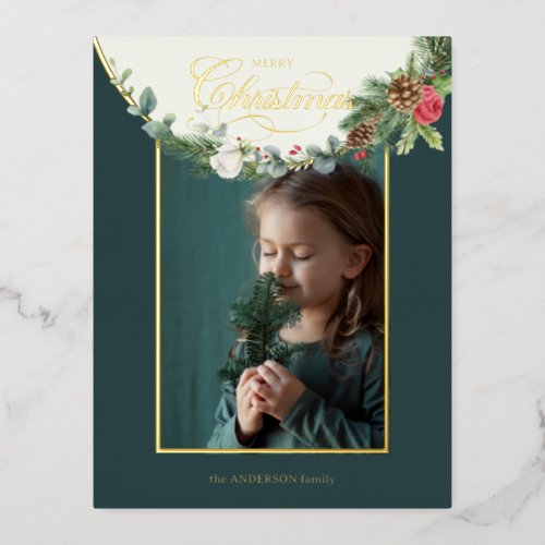 Elegant Merry Christmas Calligraphy Floral Photo Foil Holiday Postcard