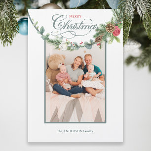 Elegant Merry Christmas Calligraphy Floral Photo Holiday Card