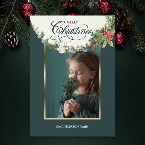 Elegant Merry Christmas Calligraphy Floral Photo Holiday Card