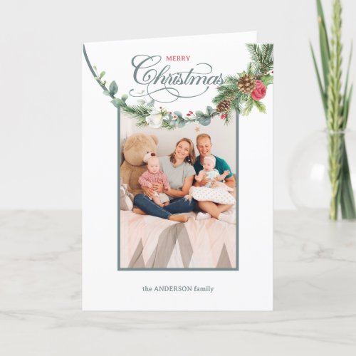 Elegant Merry Christmas Calligraphy Floral Photo  Holiday Card