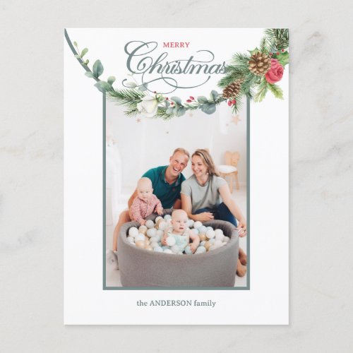 Elegant Merry Christmas Calligraphy Floral Photo  Holiday Postcard