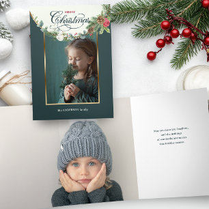 Elegant Merry Christmas Calligraphy Floral Photo Tri-Fold Card