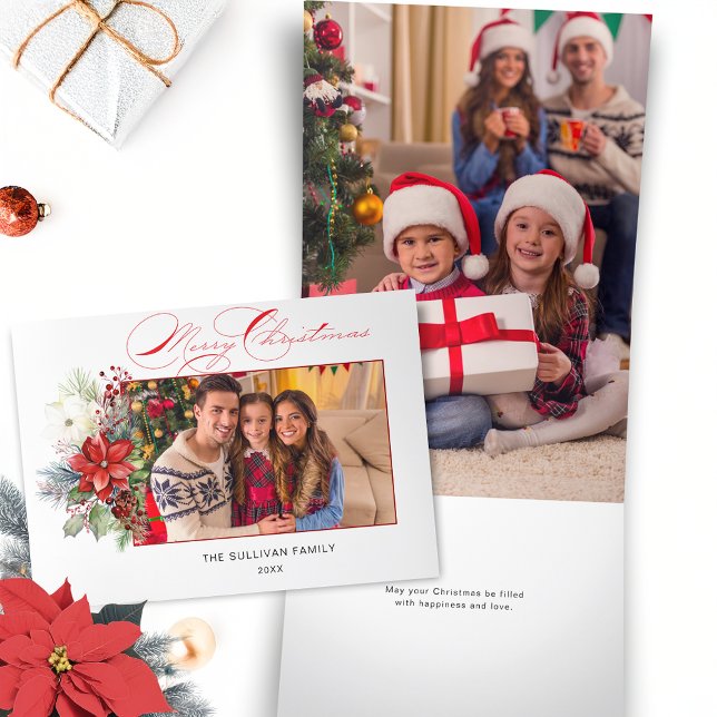 Elegant Merry Christmas Calligraphy Floral Photo Tri-Fold Holiday Card (Creator Uploaded)