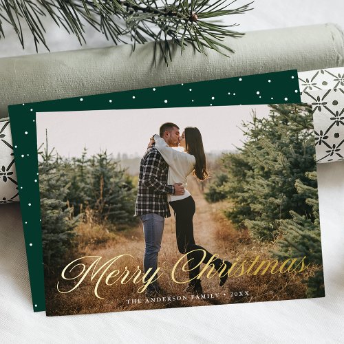 Elegant Merry Christmas Calligraphy Green Photo Foil Holiday Card