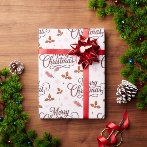Elegant Merry Christmas Calligraphy Holly Seamless Wrapping Paper