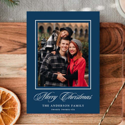 Elegant Merry Christmas Calligraphy Navy 4 Photo Holiday Card
