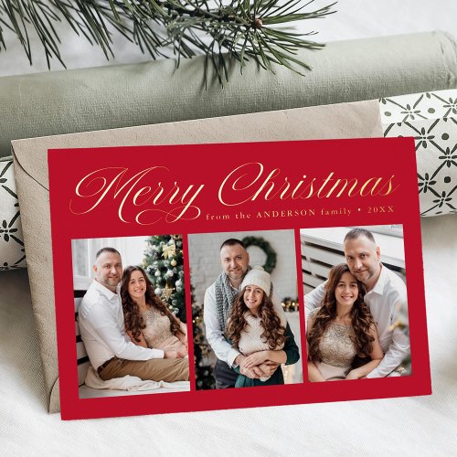 Elegant Merry Christmas Calligraphy Red 3 Photo Foil Holiday Card